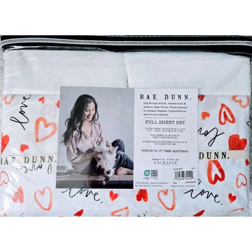 Rae Dunn Sheet‎ Set Embroidered LOVE Pillowcases, Hearts, Valentine's day = Full